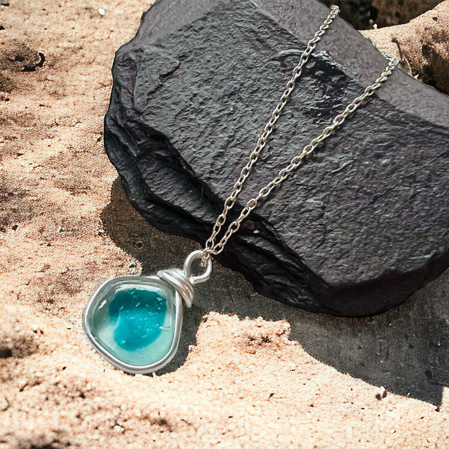 Rare Bright Turquoise and White Multi Tone  Seaham Sea Glass Pendant