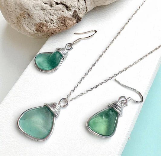 Pale Turquoise Seaham Sea Glass Jewellery Set