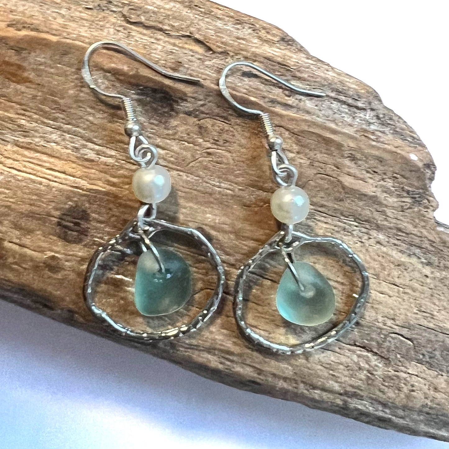 Aqua Sea Glass Frame & Pearl Earrings