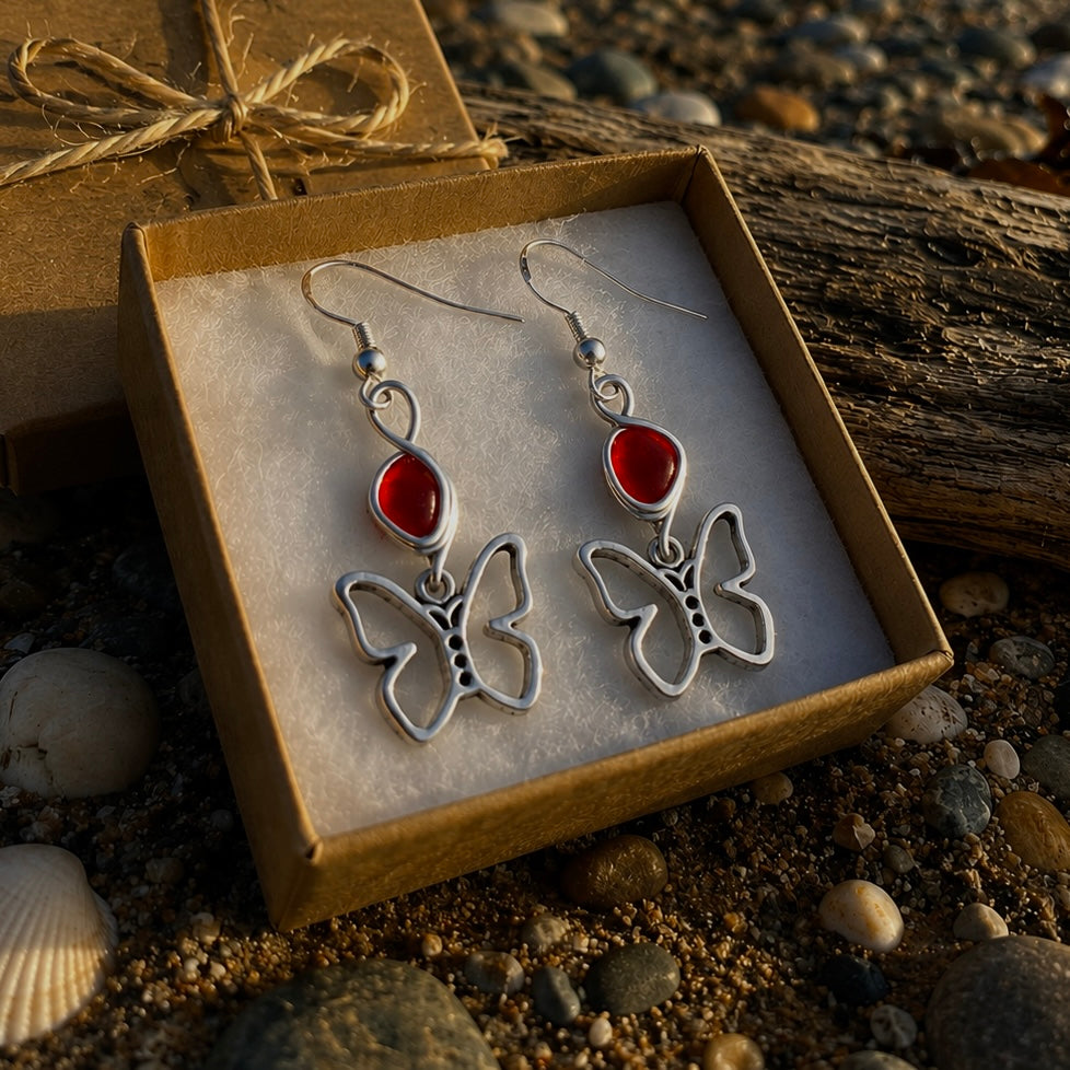 Rare Red Seaham Sea Glass Butterfly Charm Earrings
