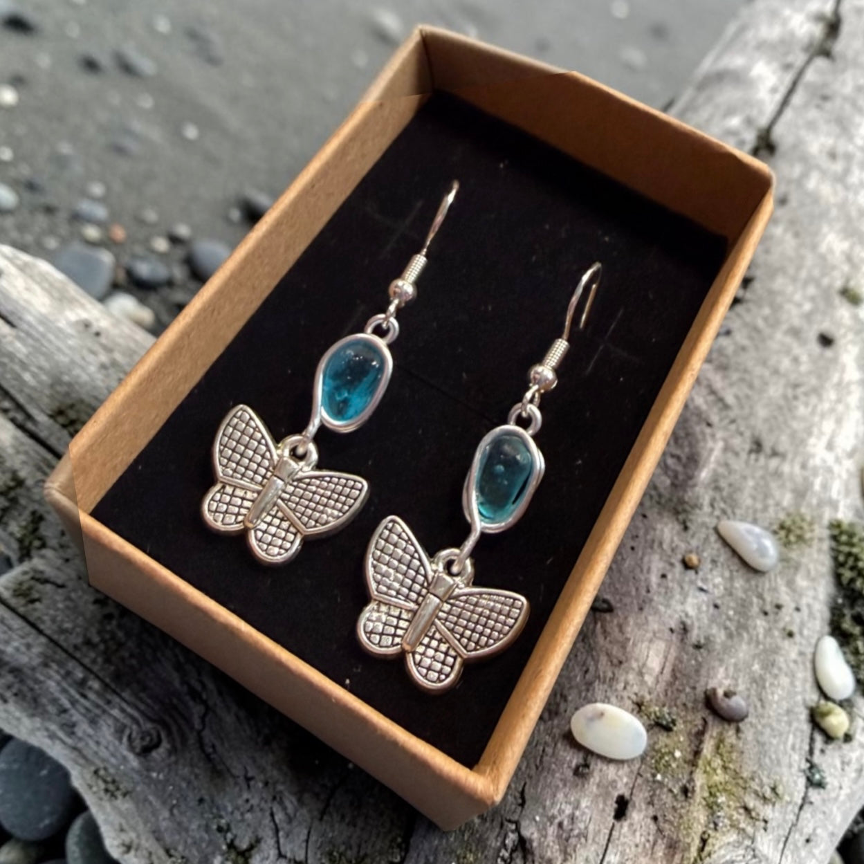 Blue Seaham Sea Glass Butterfly Charm Earrings