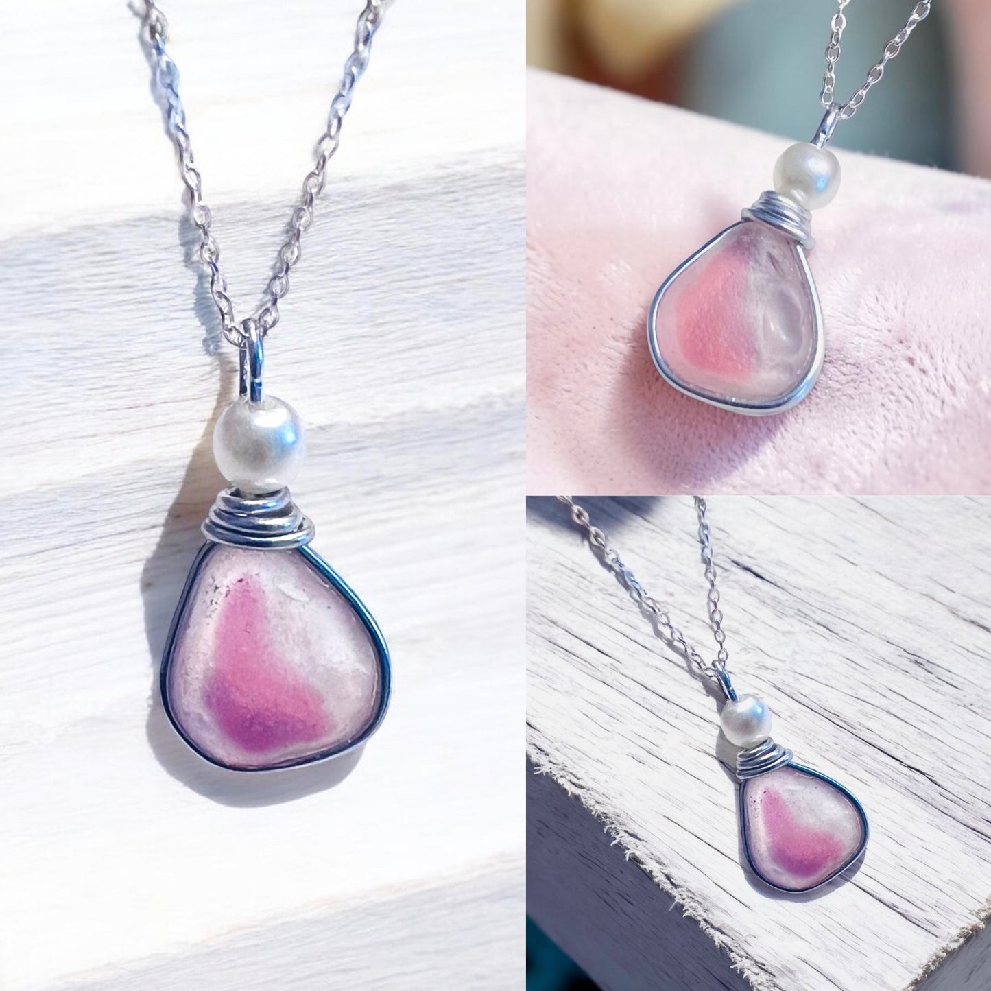 Pink & White Seaham Sea Glass Multi Pendant