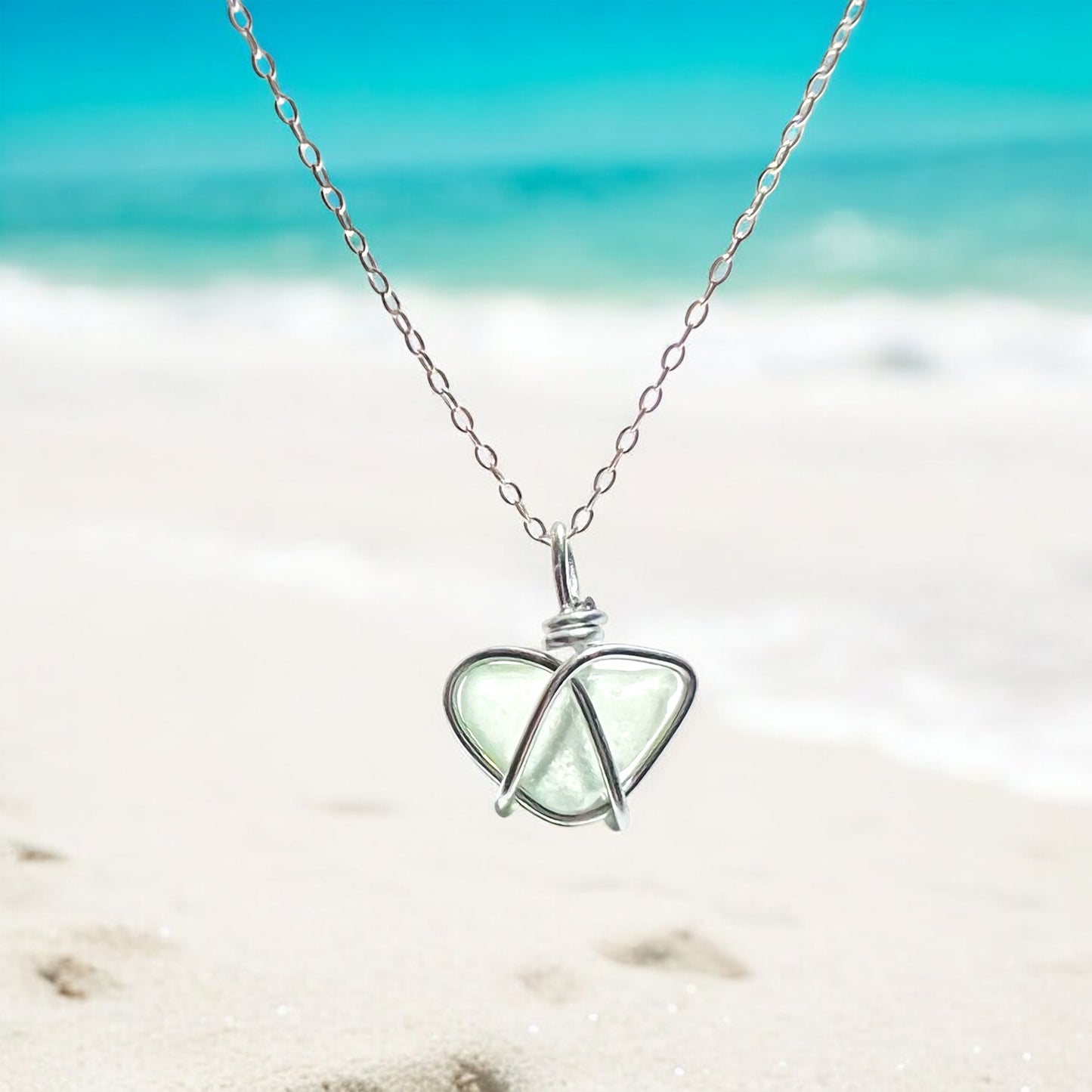 Pale Green Cornish Sea Glass Heart Pendant