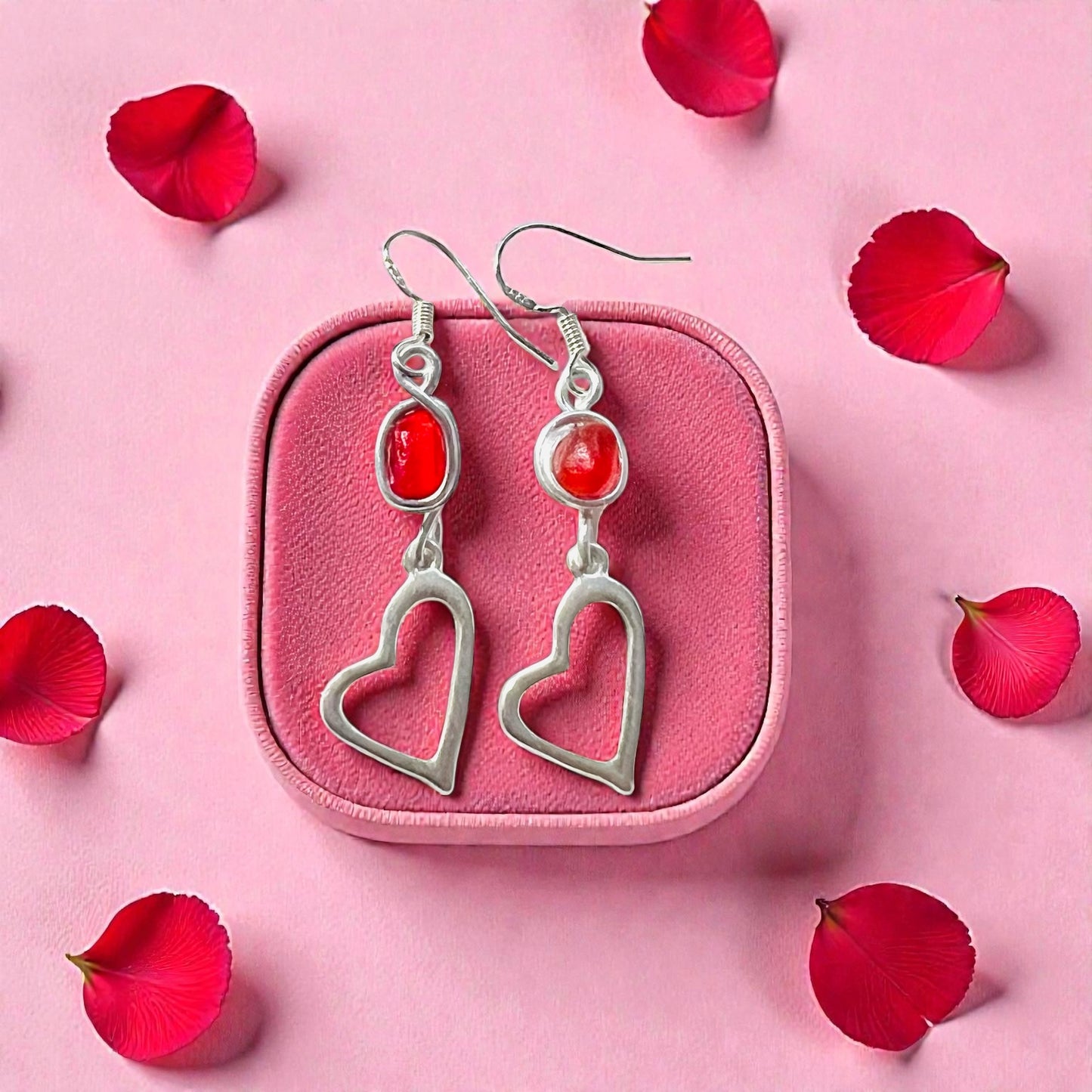 Red Sea Glass and Heart Dangly Earrings