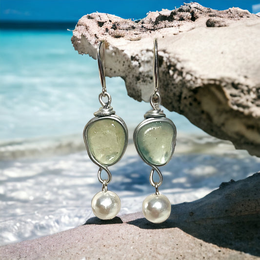 Sea Glass & Glass Pearl Drop Earrings