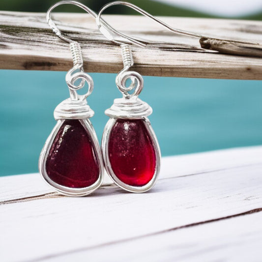 Small Red Seaham Sea Glass Dangly Earrings