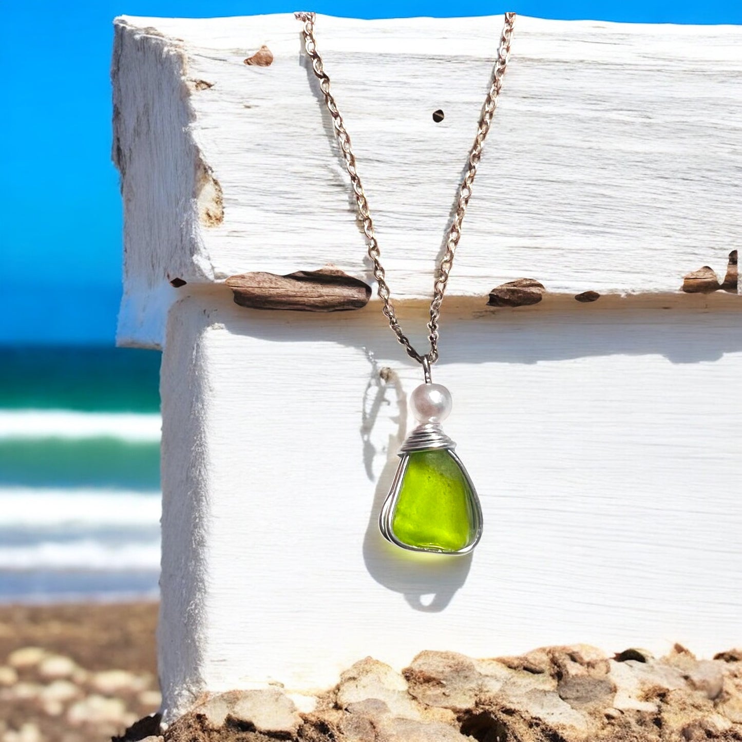 Rare Neon Bright Lime Green Seaham Sea Glass Pendant