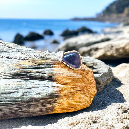 Rare Indigo Purple Small Seaham Sea Glass Multi Pendant .