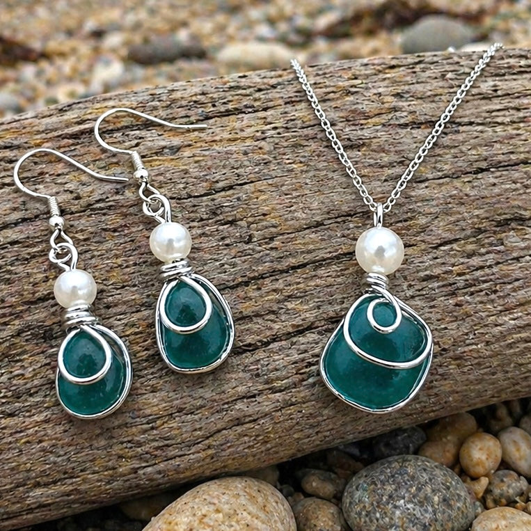 Turquoise Green Seaham Sea Glass Jewellery Set