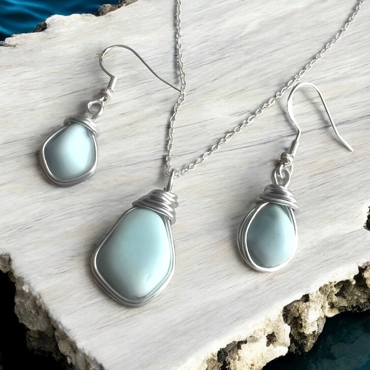 Milky Blue Seaham Sea Glass Jewellery Set