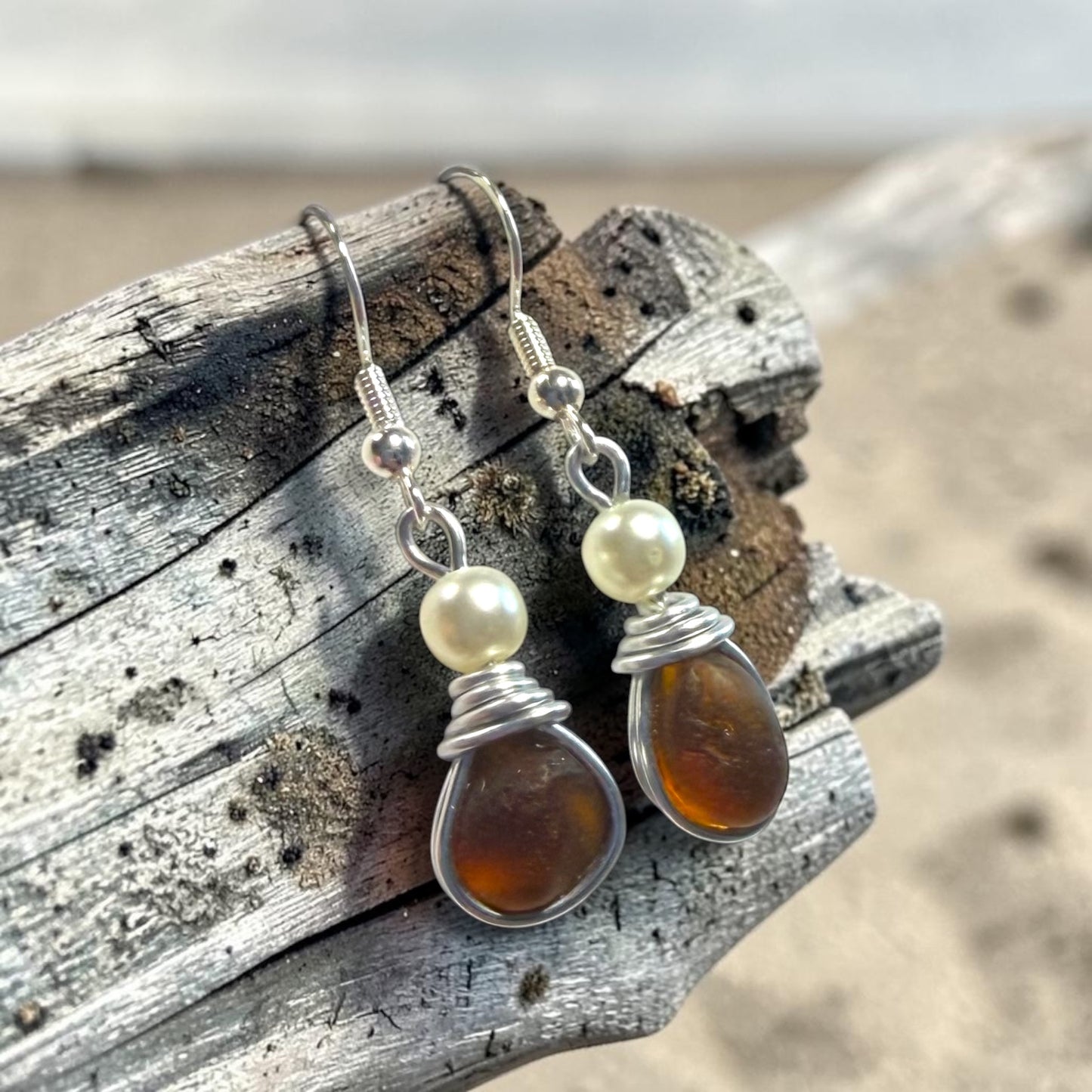 Amber Seaham Sea Glass and Glass Pearl Dangly Earrings