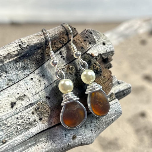 Amber Seaham Sea Glass and Glass Pearl Dangly Earrings