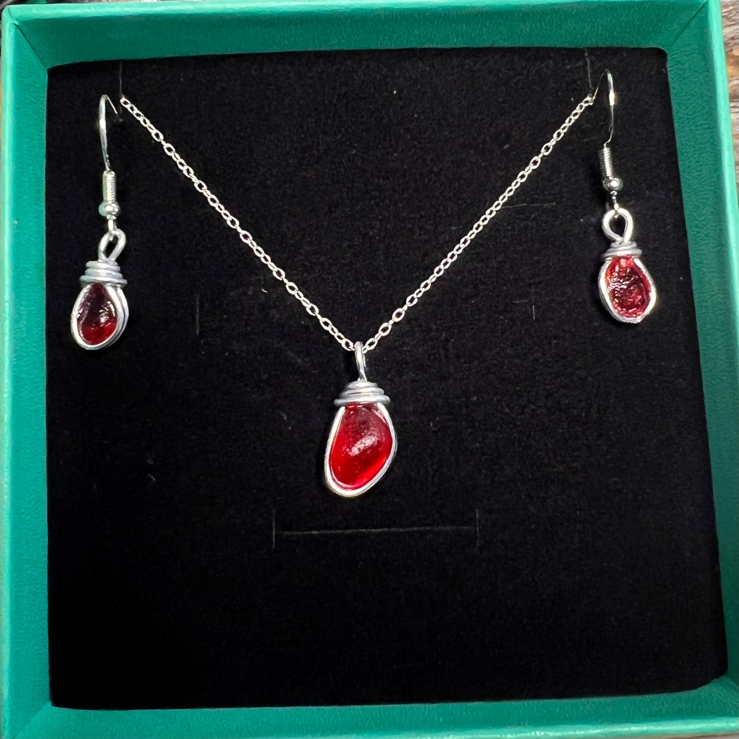 Rare Deep Orange/Red Seaham Sea Glass Jewellery Set