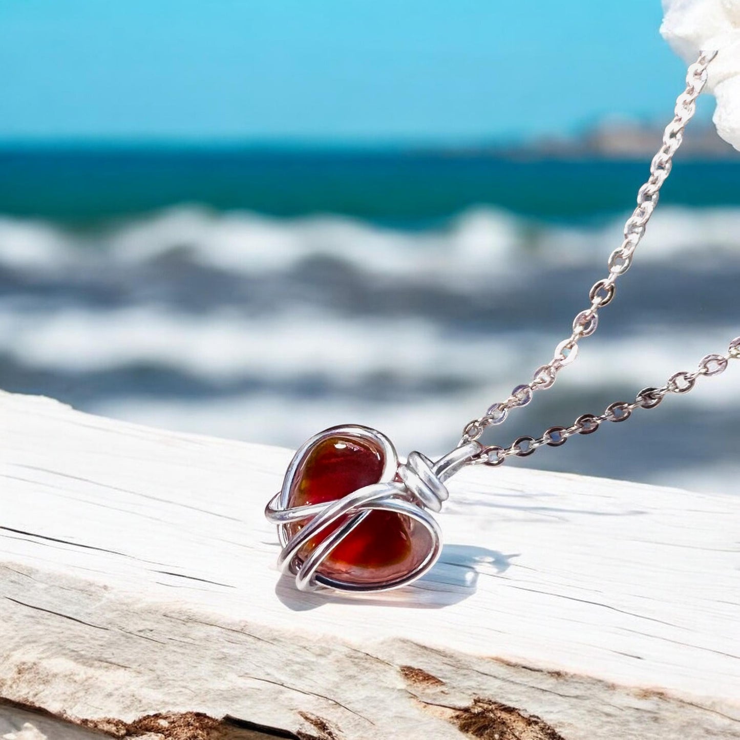 Small Rare Orange Tones Seaham Sea Glass Heart Pendant