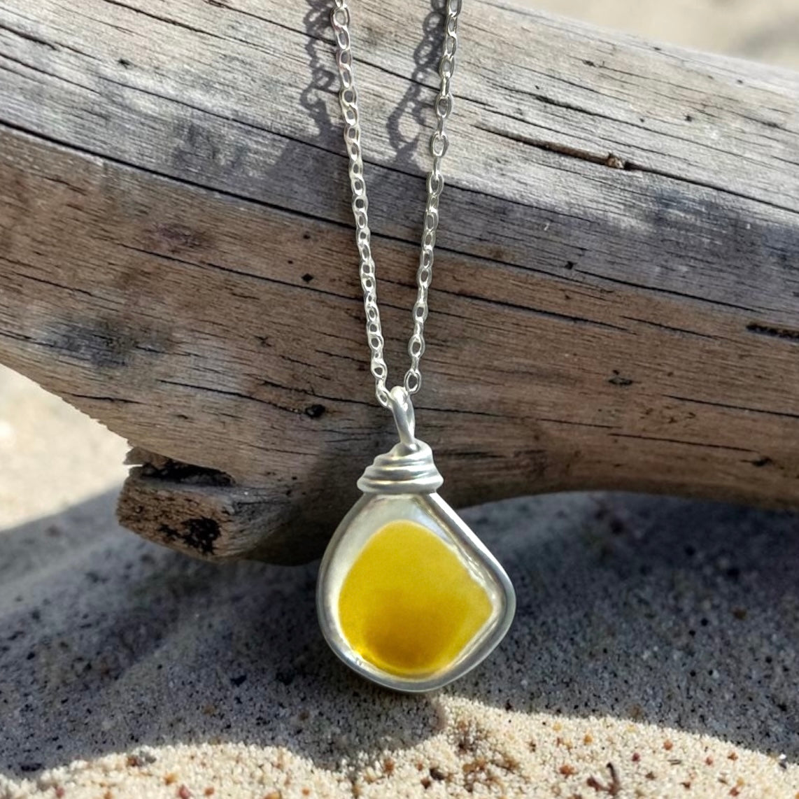Large Rare Yellow Multi Tone Seaham Sea Glass Pendant