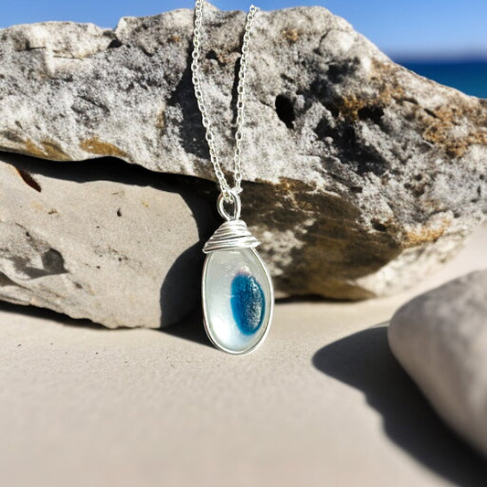Lovely Blue with Pink Spot Seaham Sea Glass Multi Pendant