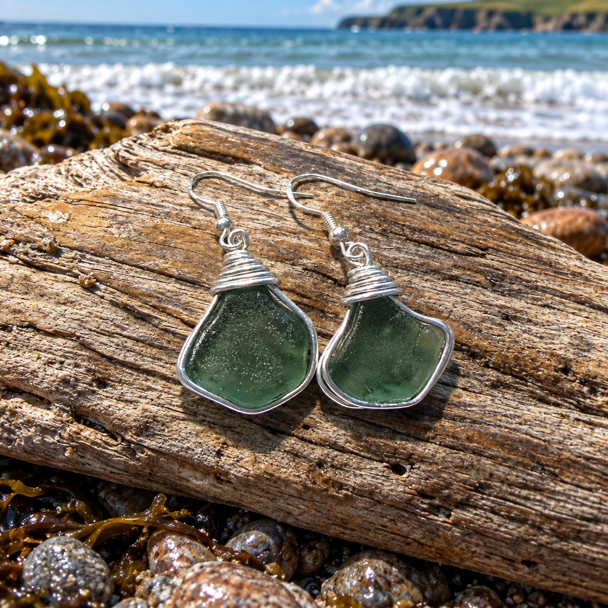 Turquoise Green Seaham Sea Glass Earrings