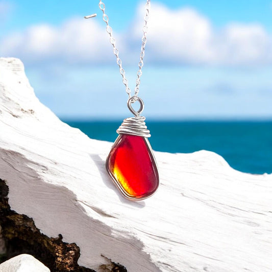 Very Rare Red and Orange and Yellow Seaham Sea Glass Multi Pendant