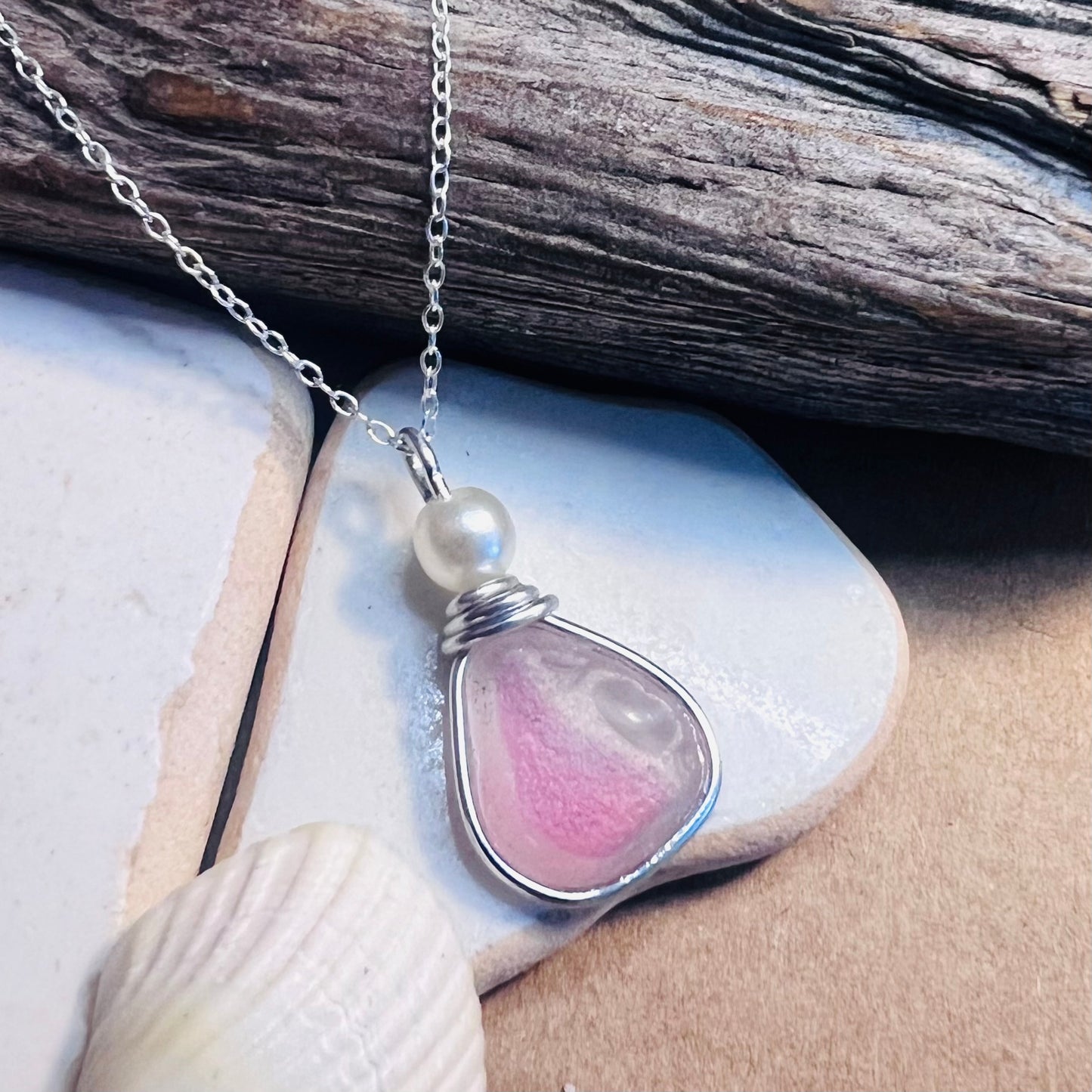 Pink & White Seaham Sea Glass Multi Pendant