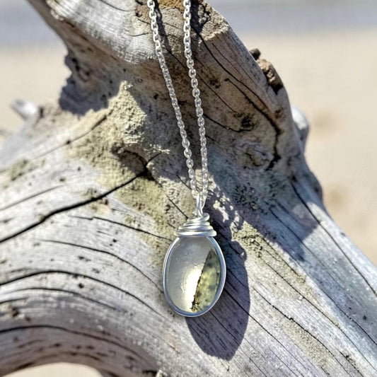 Small Olive and White Seaham Sea Glass Speckled Multi Pendant
