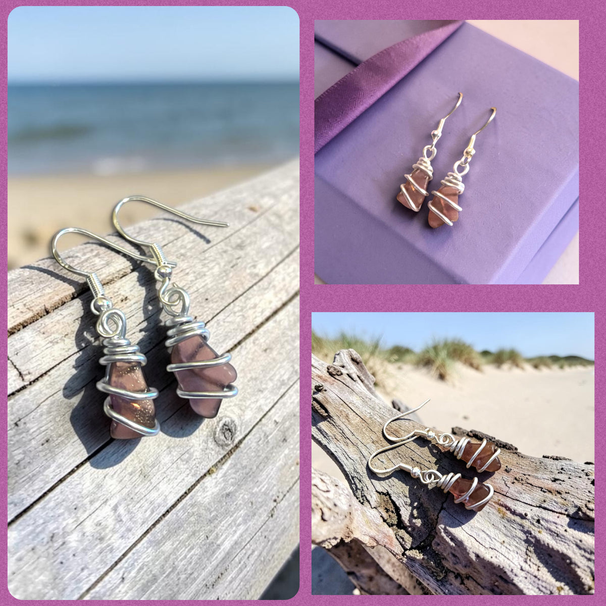 Rare Deep Pink Seaham Sea Glass Dangly Earrings