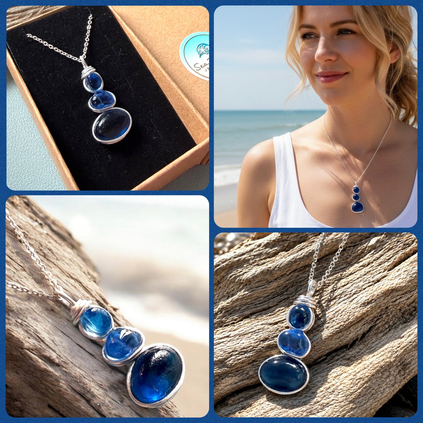 Blue Three Piece Seaham Sea Glass Pendant