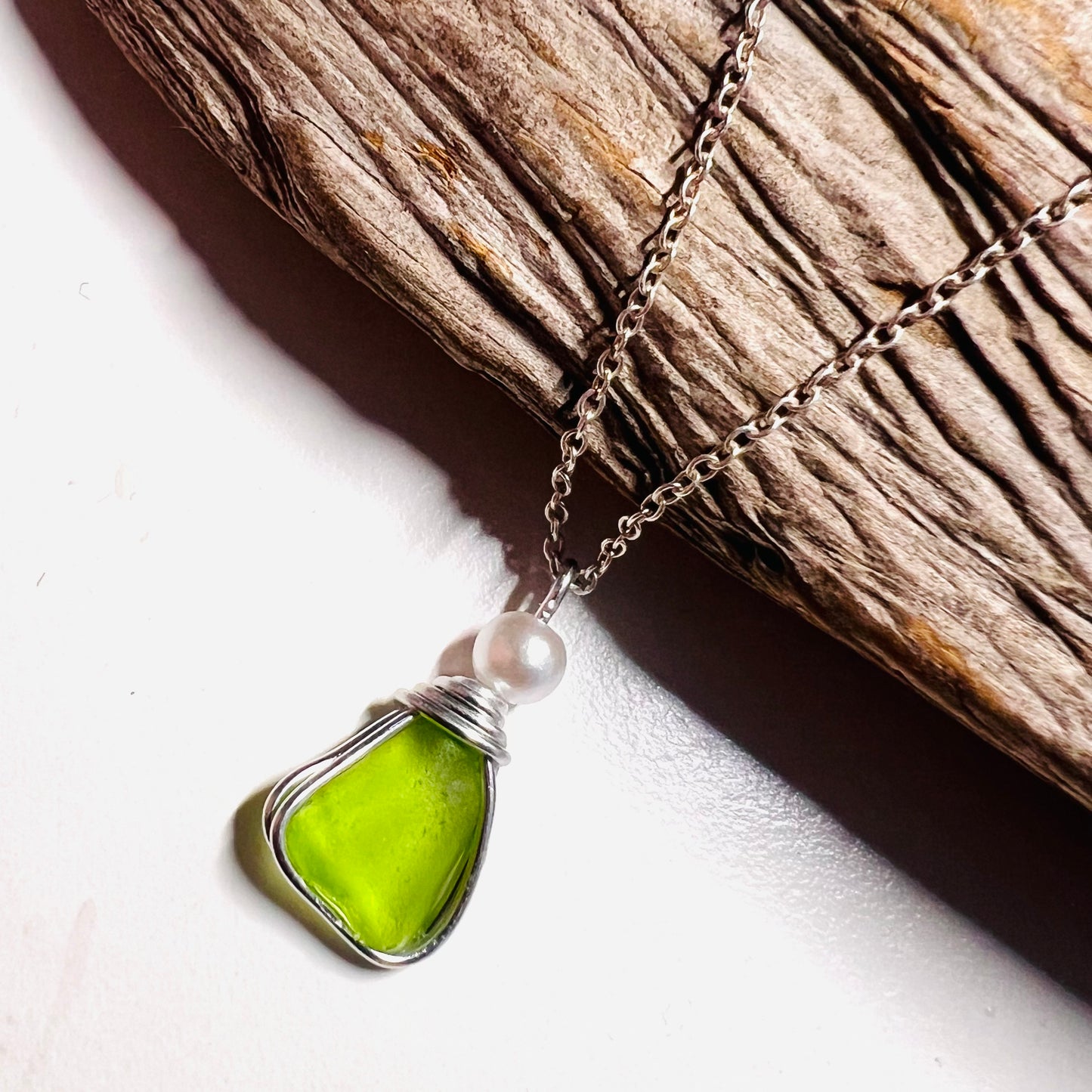 Rare Neon Bright Lime Green Seaham Sea Glass Pendant