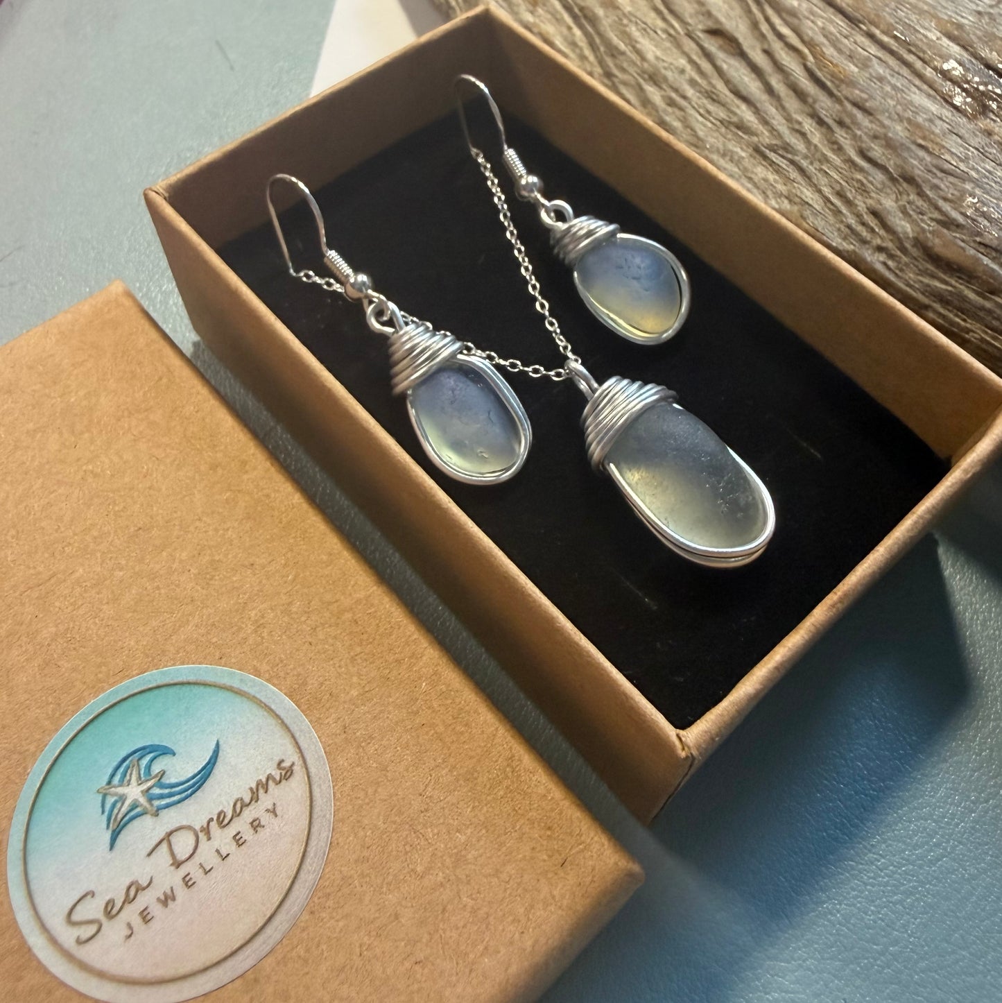 Rare Opalescent Seaham Sea Glass Jewellery Set