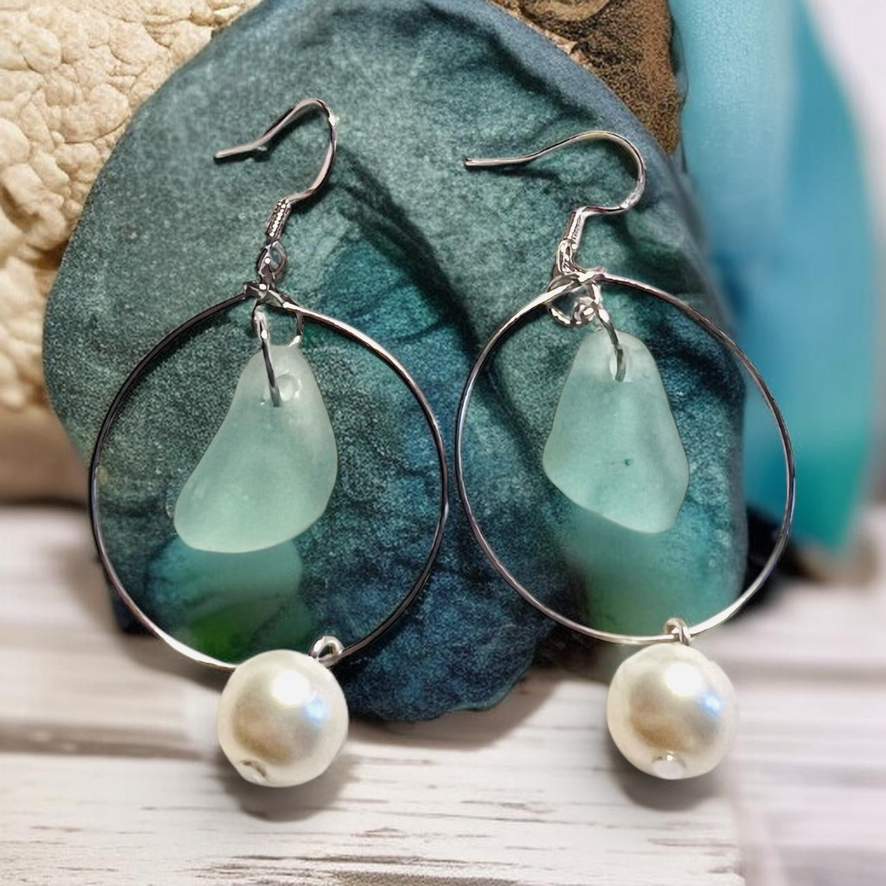 Statement Seaham Sea Glass and Glass Pearl Earrings