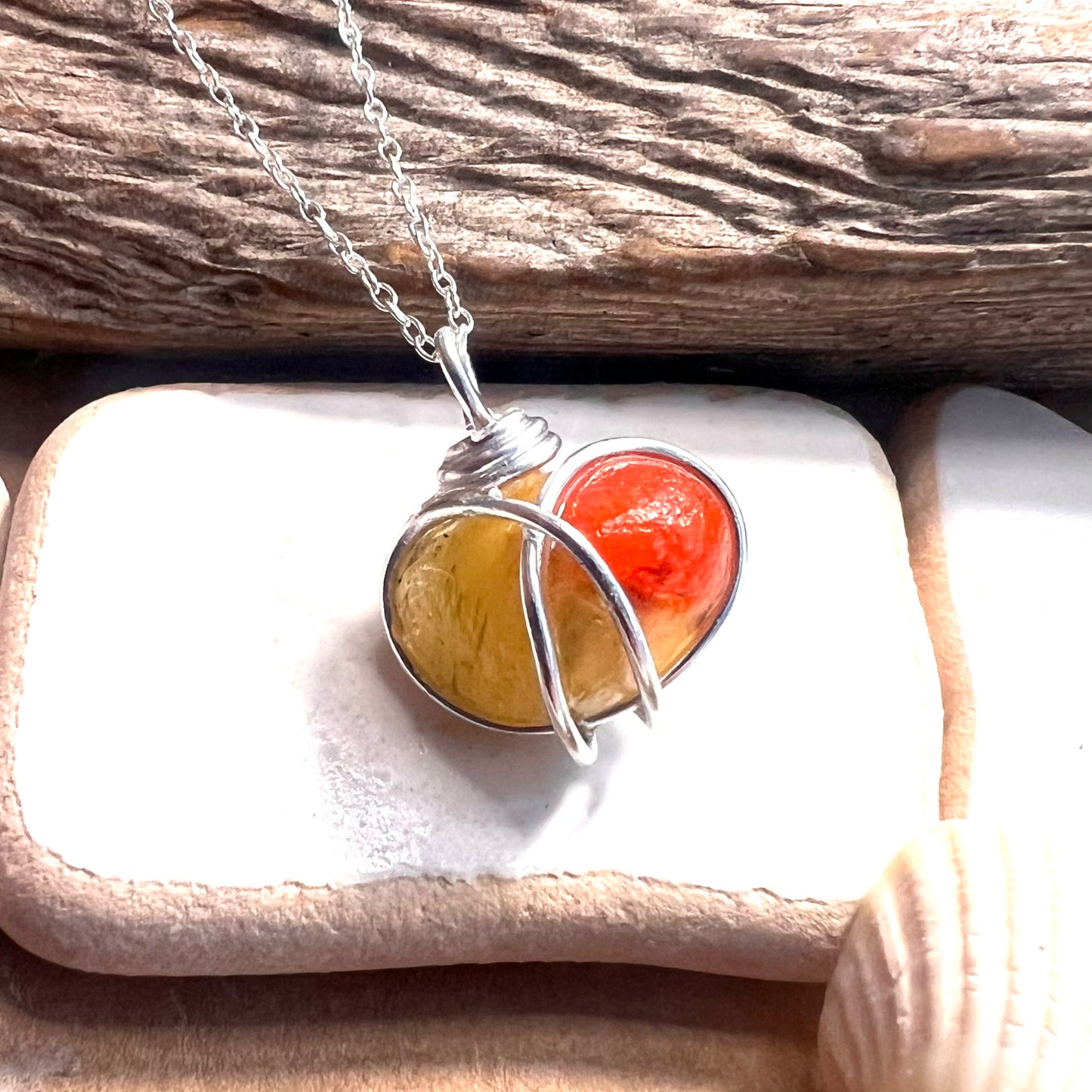 Very Rare Red and Orange Seaham Sea Glass Multi Pendant