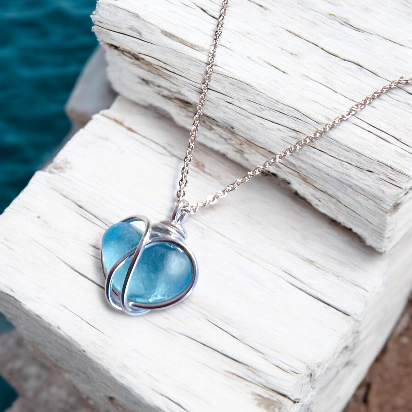 Bright Blue Heart Sea Glass Pendant
