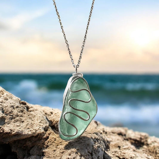 Large Pale Green Seaham Sea Glass Waves Glass Pendant