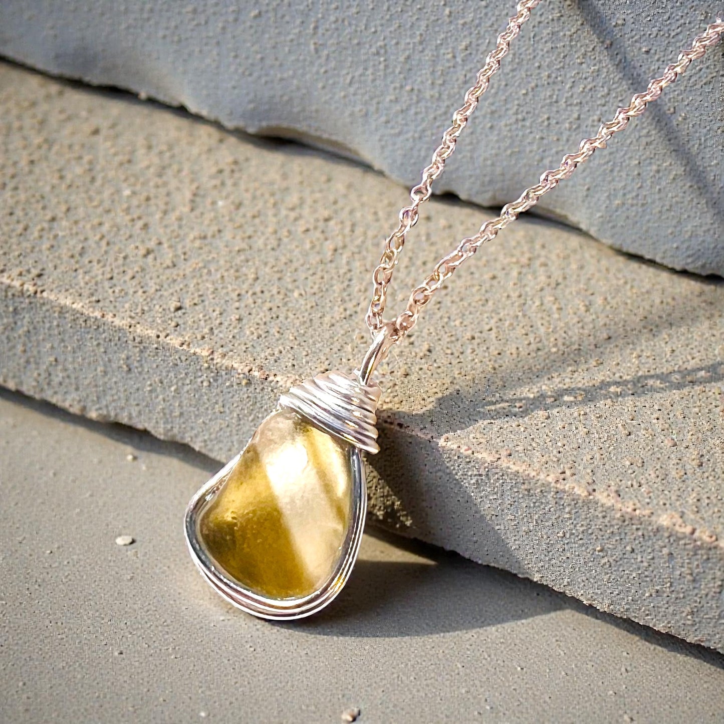 Rare Olive Stripes Green Seaham Sea Glass Chunky Pendant