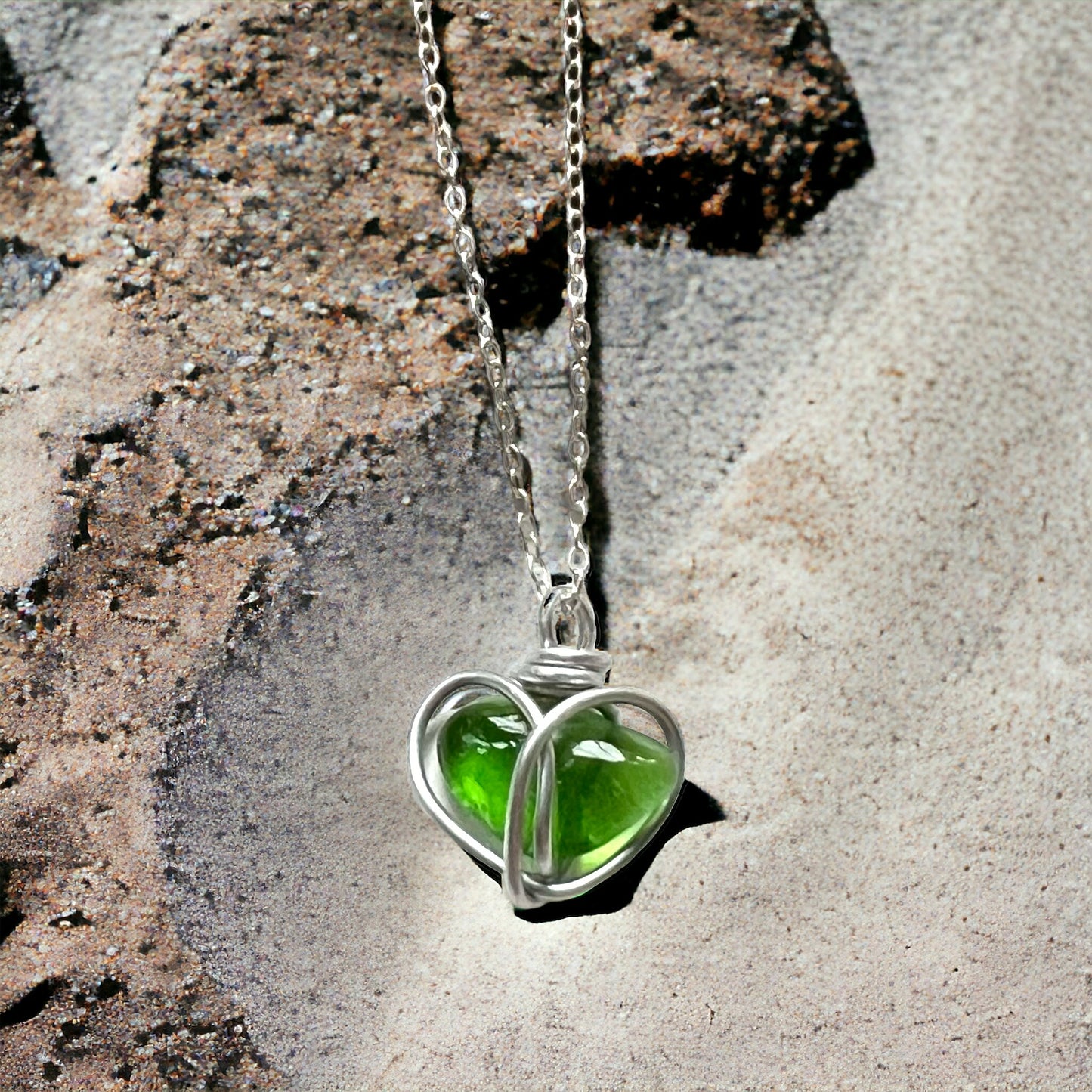Bright Green Seaham Sea Glass Heart Pendant