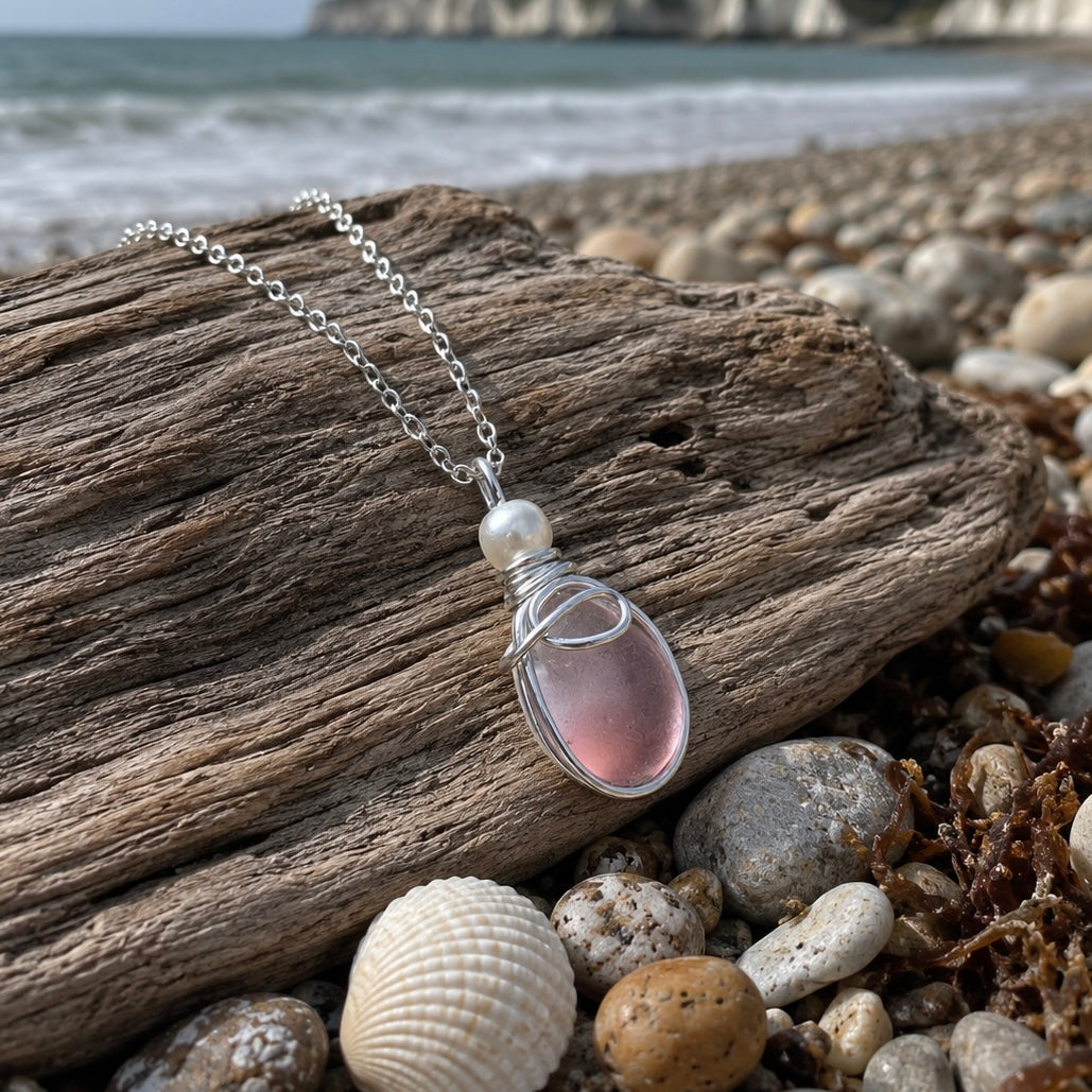 Mauve & White Seaham Sea Glass Multi Pendant
