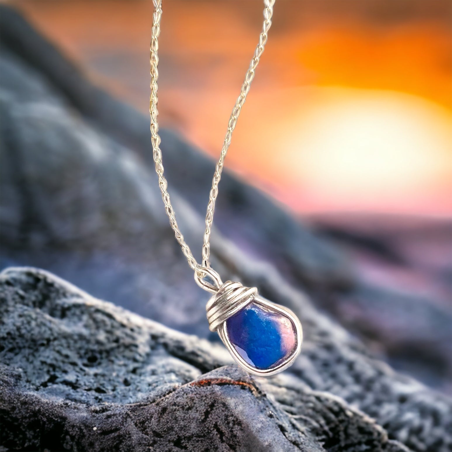 Seaham Sea Glass Blue and Pink Multi Pendant 