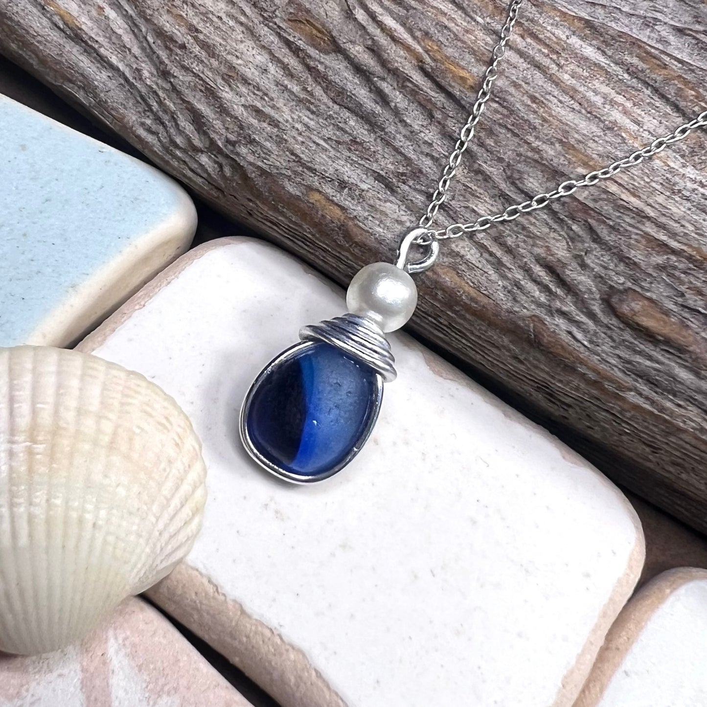 Seaham Sea Glass Multi Tone Blues  Pendant
