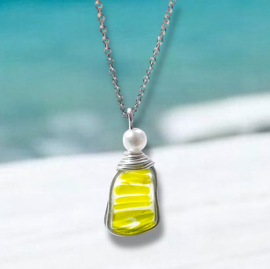 Canary Island Rare Neon Yellow Striped Sea Glass Pendant