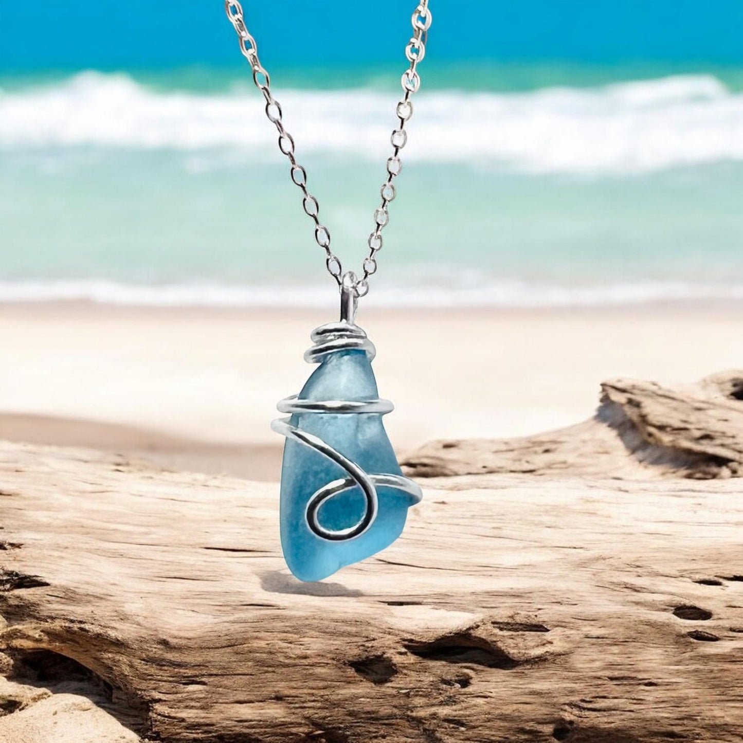 Rare Pale Bright Blue Seaham Sea Glass Pendant