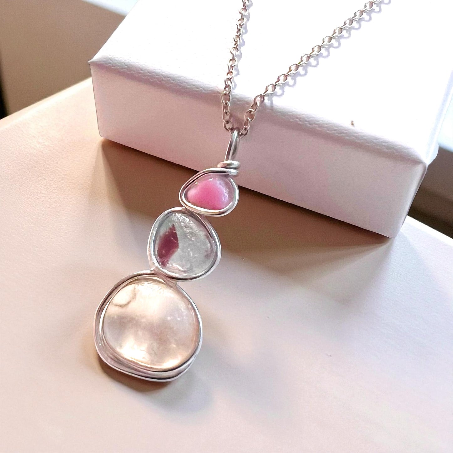 Rare Pink Three Piece Seaham Sea Glass Pendant