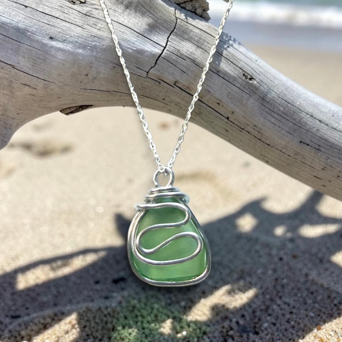 Pale Green Seaham Sea Glass Waves Pendant