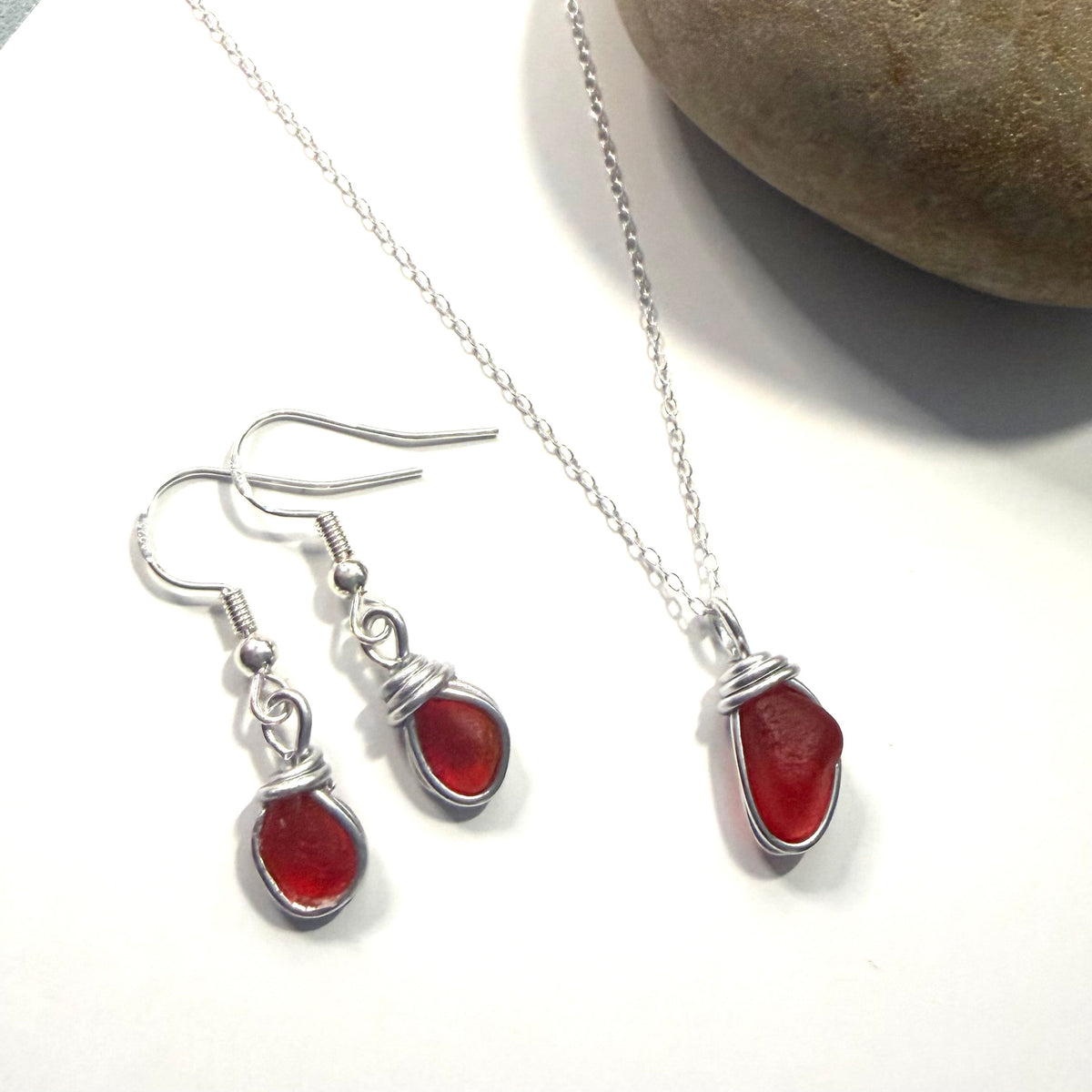 Rare Deep Orange/Red Seaham Sea Glass Jewellery Set