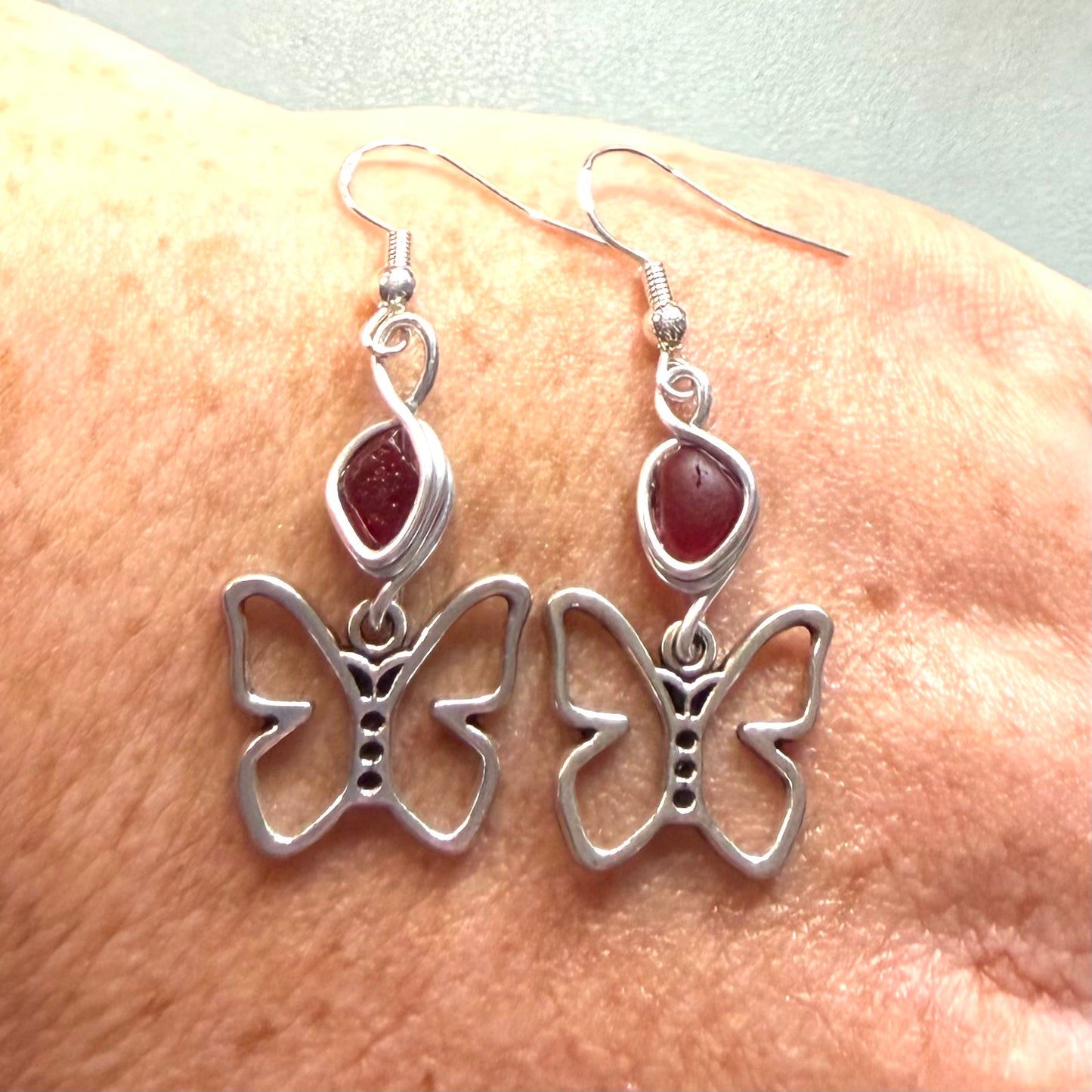Rare Red Seaham Sea Glass Butterfly Charm Earrings