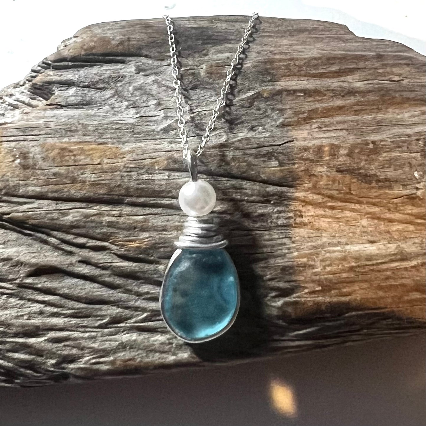 Pale Bright Blue Seaham Sea Glass Pendant