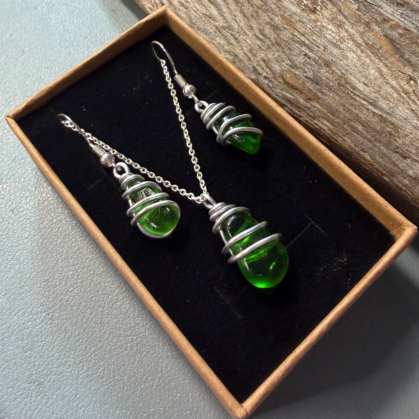 Green Seaham Sea Glass Jewellery Set