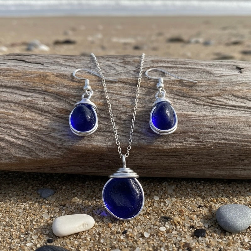 Deep Blue Seaham Sea Glass Jewellery Set
