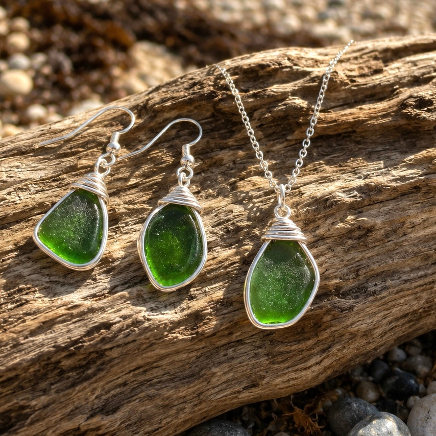 Green Devon Sea Glass Jewellery Set