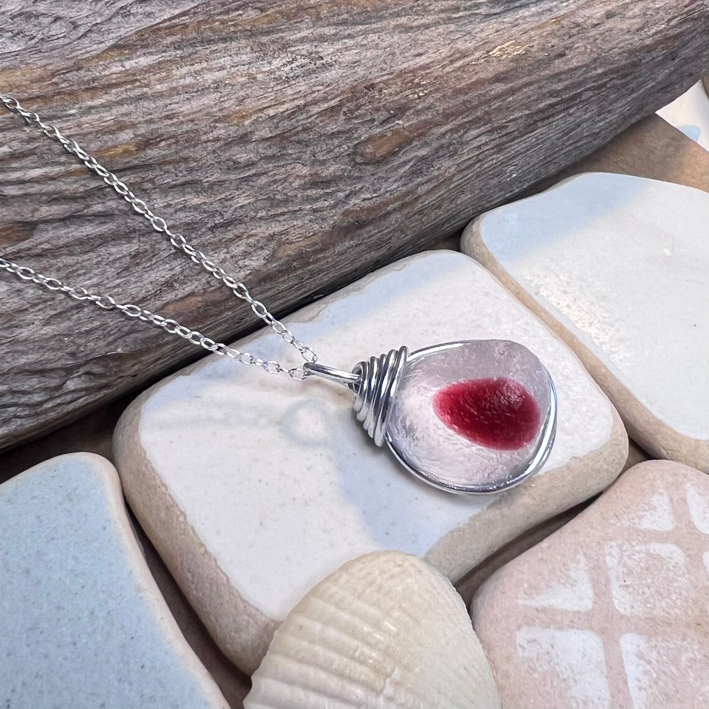 Large Pink & White Seaham Sea Glass Multi Pendant