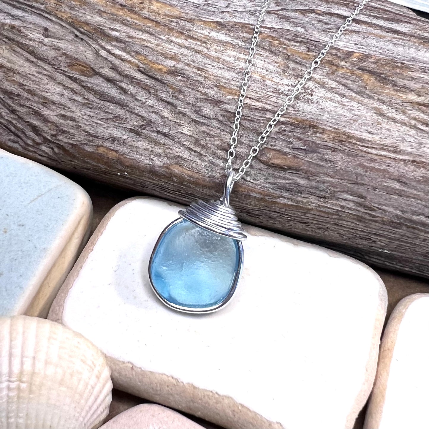 Bright Aqua Blue Seaham Sea Glass Pendant