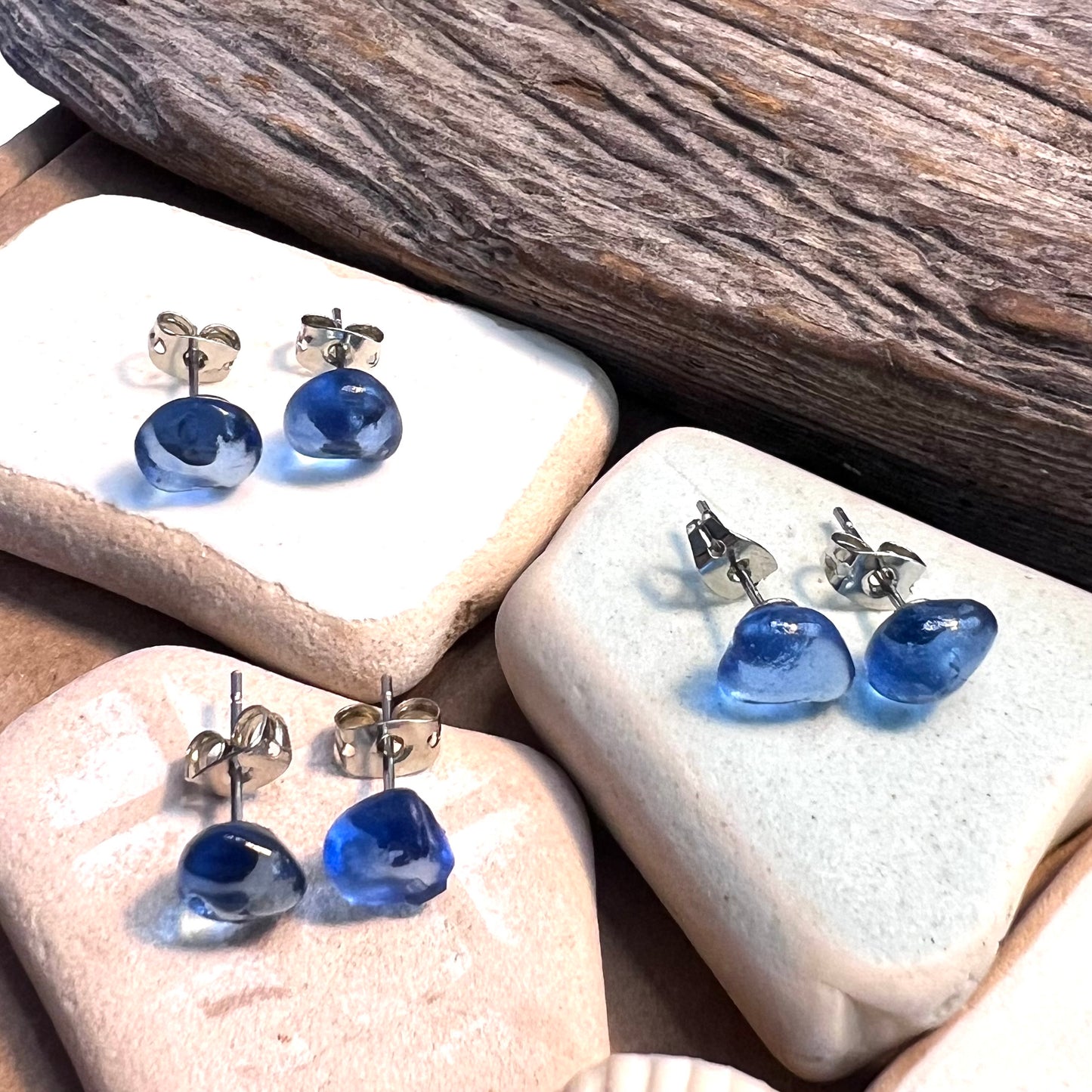 Blue Sea Glass Stud Earrings